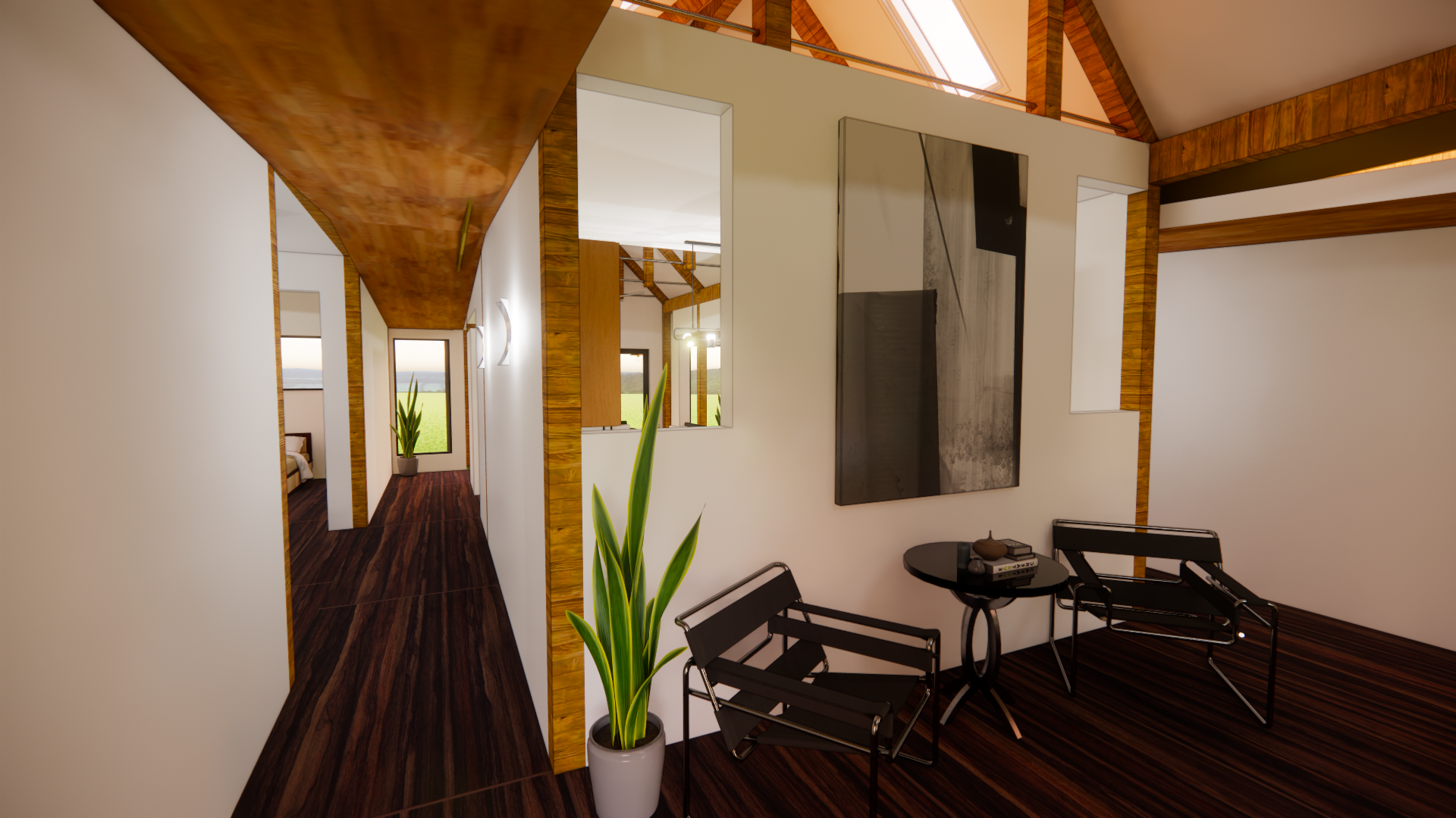 Interior hallway — vaulted entry with natural wood beams