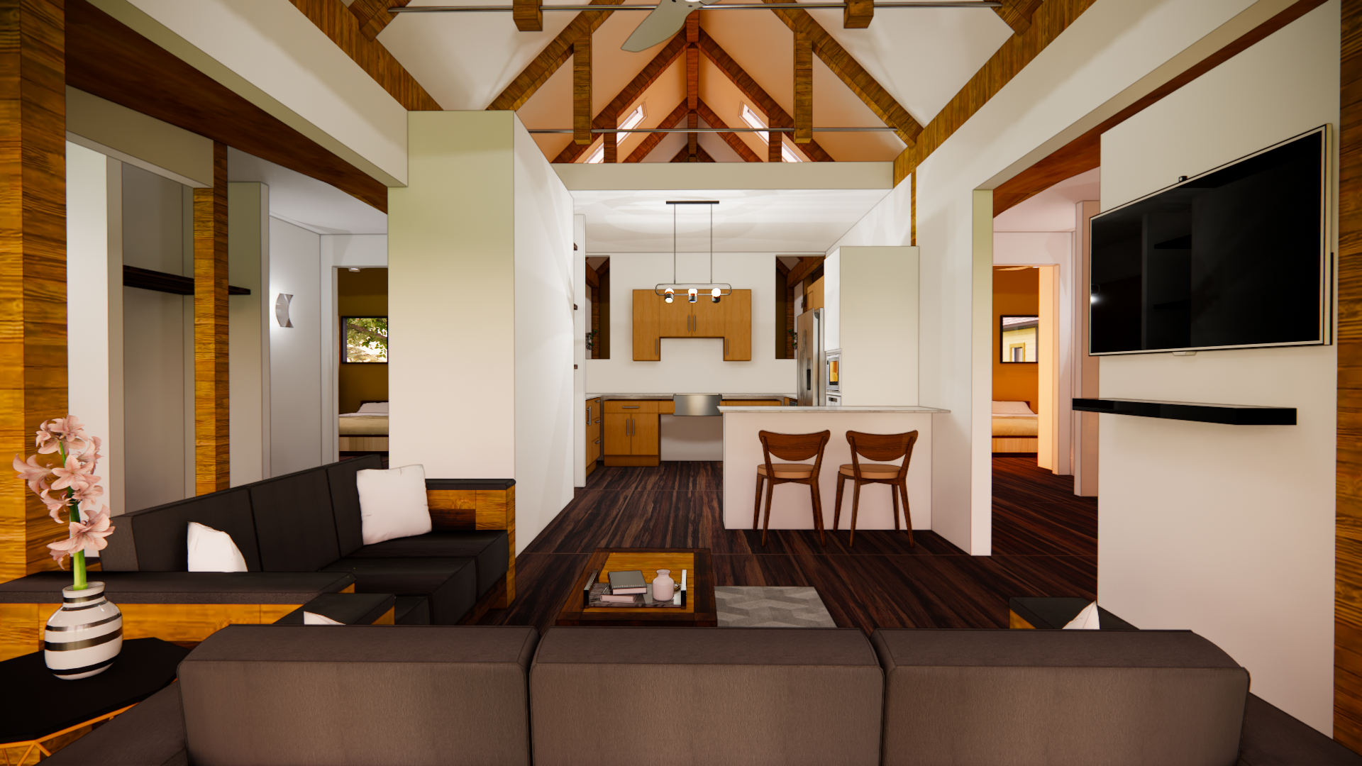 Open-plan living room and kitchen — exposed wood trusses